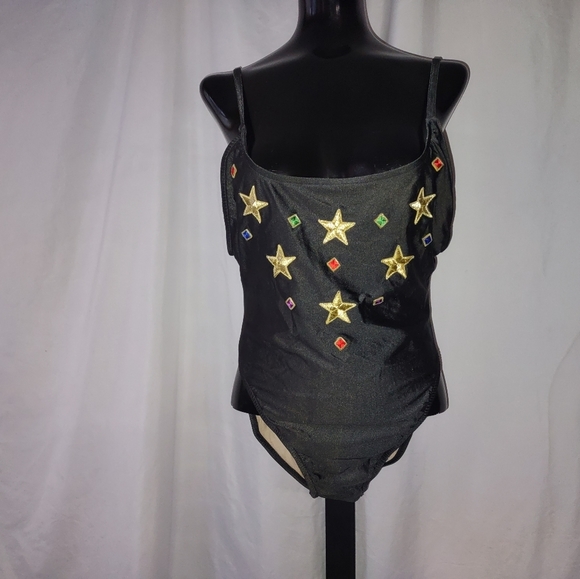 Rare Vintage Ujena One Piece Black And Colorful Stars Geometric Made in USA - Picture 2 of 8